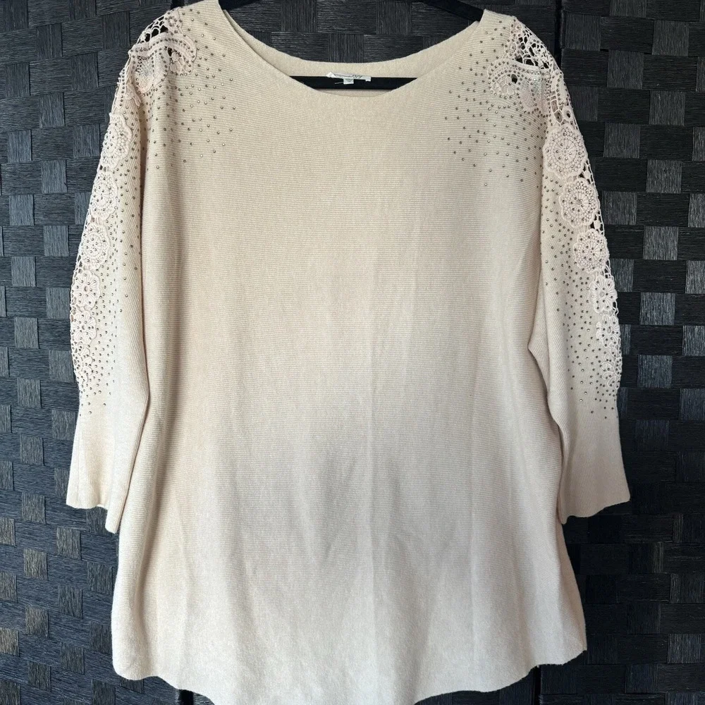 Siren Lily Women's Sweater Size 1X Beige Pullover Beaded Crochet
